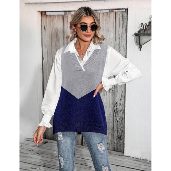 Women Block Navy Sweater Vest Sleeveless V Neck Oversized Knitted Pullover Fall - Picture 2 of 5